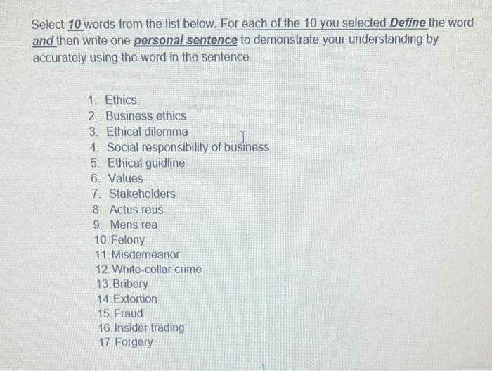 Solved Select 10 words from the list below. For each of the | Chegg.com