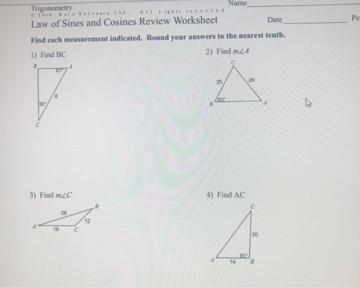 Applications Of Law Of Sines And Law Of Cosines Worksheet Answers