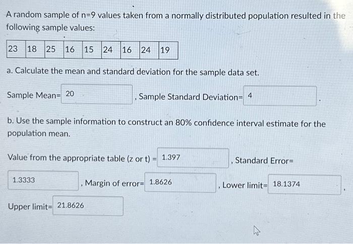 Solved A random sample of n=9 values taken from a normally | Chegg.com