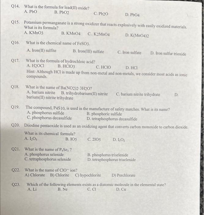 Solved Q14. What is the formula for lead(II) oxide? A. PbO | Chegg.com