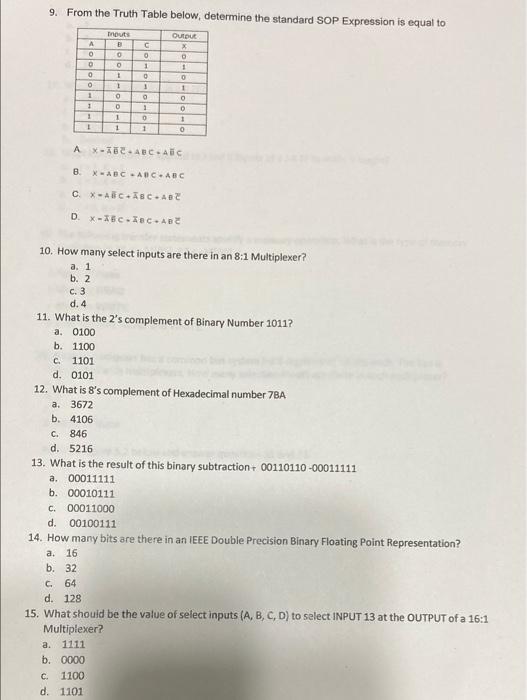 Solved 9. From the Truth Table below, determine the standard | Chegg.com