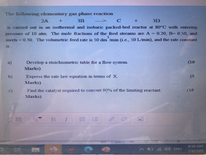 Solved The following elementary gas phase reaction 2A + ЗВ С | Chegg.com