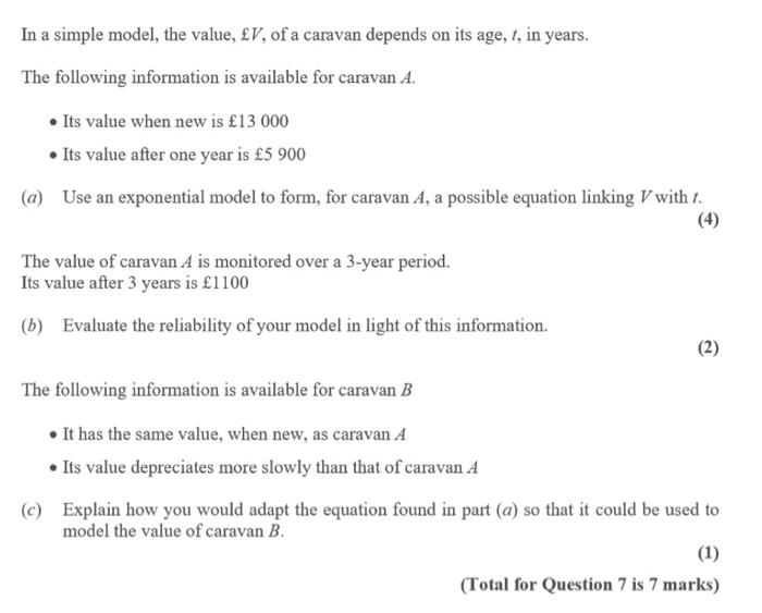 Solved In a simple model, the value, £V, of a caravan