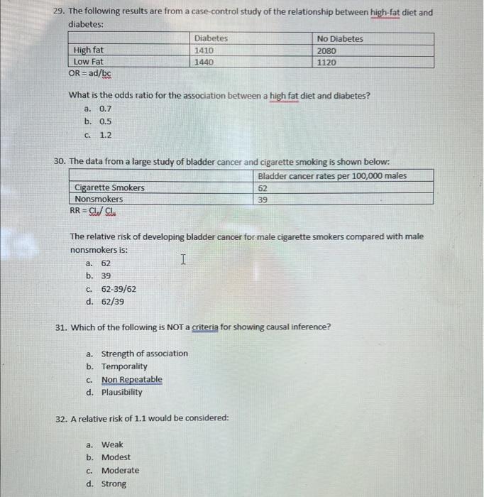 29. The following results are from a case-control study of the relationship between high-fat diet and diabetes:
What is the o