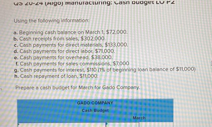 Solved Using the following information: a. Beginning cash | Chegg.com