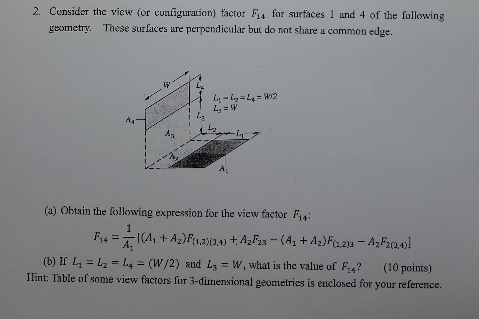 Solved 2. Consider the view (or configuration) factor F14 | Chegg.com