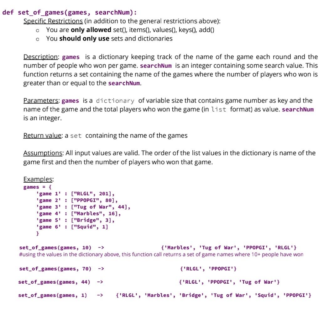 Solved def set_of_games(games, searchNum): Specific | Chegg.com