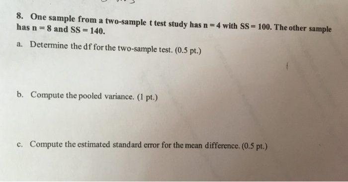 Solved 8. One sample from a two-sample t test study has n = | Chegg.com