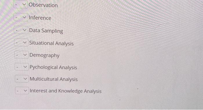 Observation Inference Data Sampling Situational Analysis Demography Pychological Analysis Multicultural Analysis Interest and