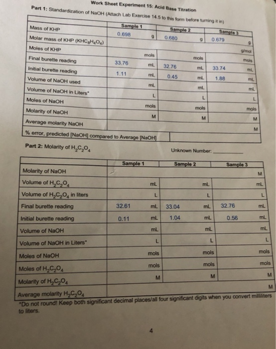 Solved Work Sheet Experiment 15: Acid Base Titration Part 1: | Chegg.com