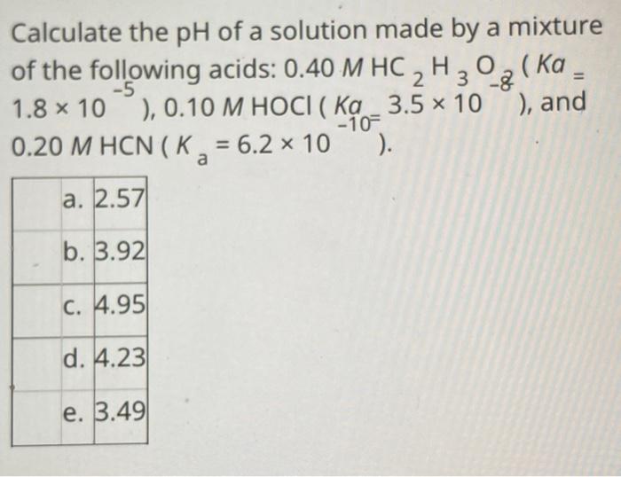 Solved Calculate the pH of a solution made by a mixture of | Chegg.com