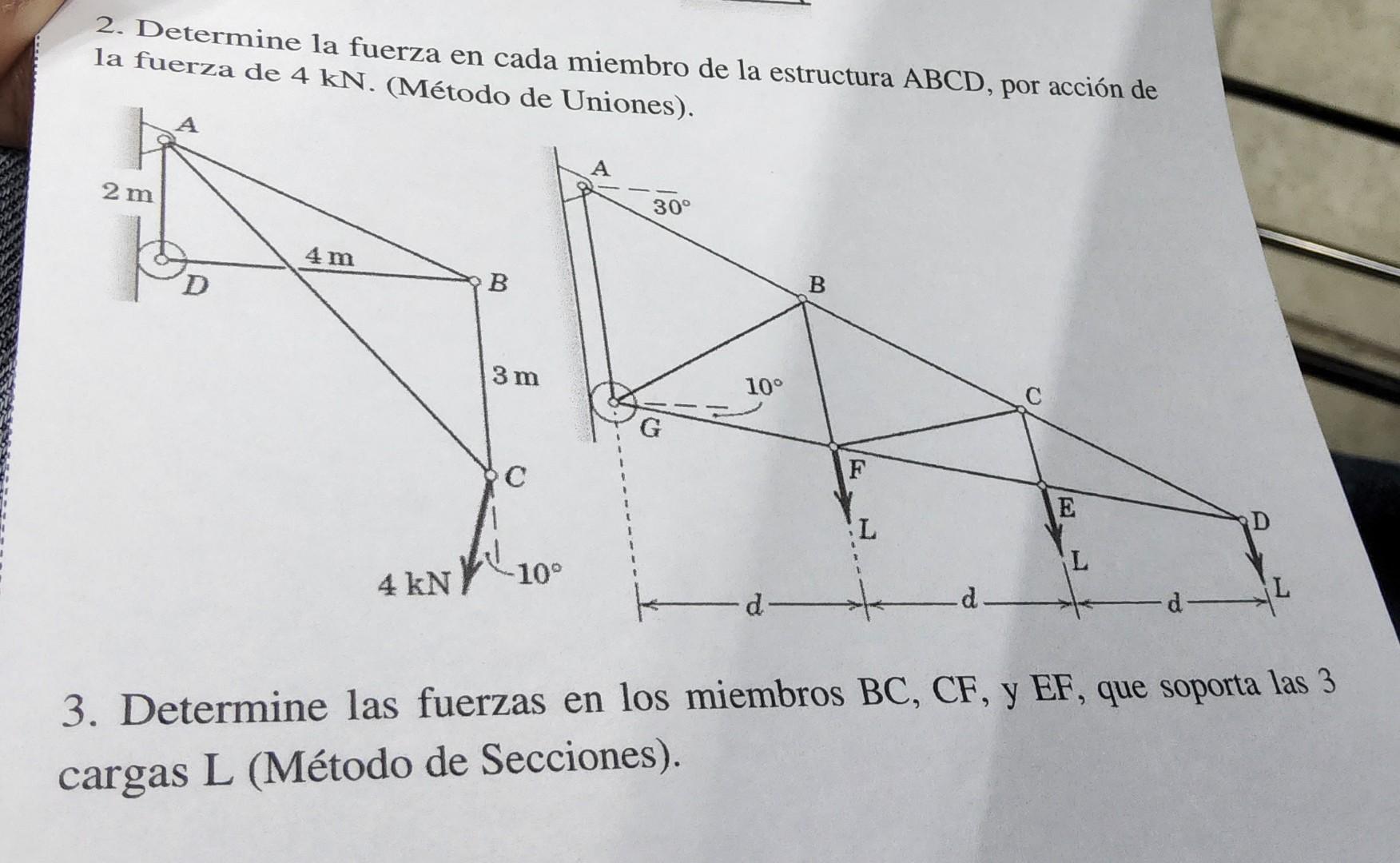 2. Determine la fuerza en cada miembro de la estructura \( A B C D \), por acción de la fuerza de \( 4 \mathrm{kN} \). (Métod