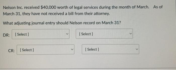 Nelson Inc. received \( \$ 40,000 \) worth of legal services during the month of March. As of March 31, they have not receive