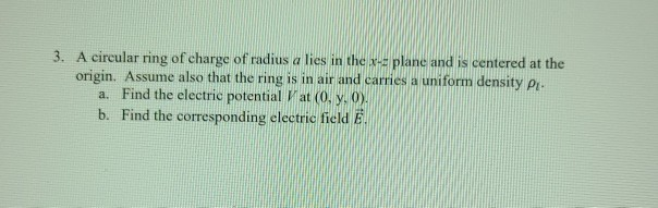 Solved 3. A circular ring of charge of radius a lies in the | Chegg.com