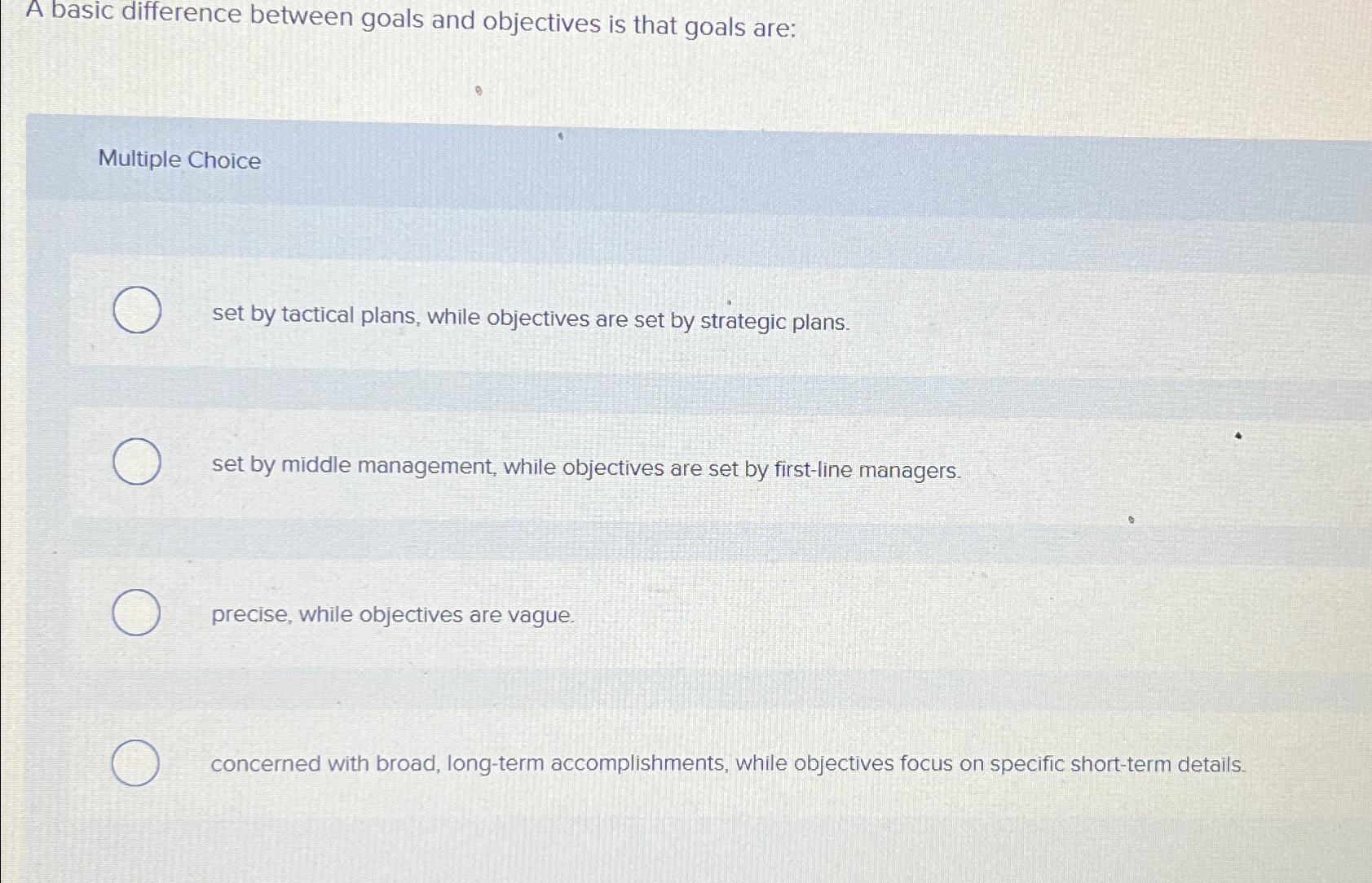 Solved A basic difference between goals and objectives is | Chegg.com