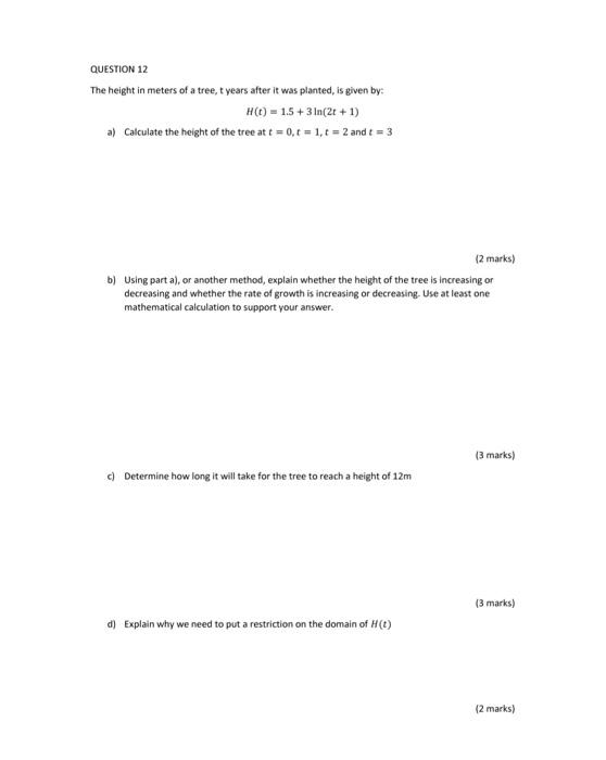 Solved QUESTION 12 The height in meters of a tree, tyears | Chegg.com