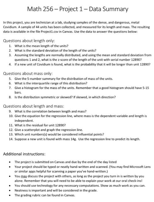 Solved Math 256 - Project 1 - Data Summary In this project, | Chegg.com
