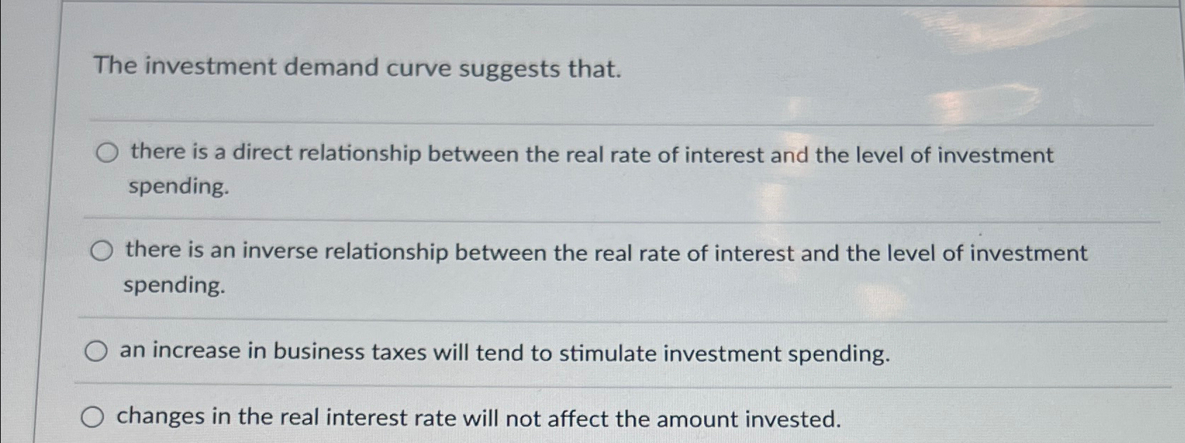 Solved The investment demand curve suggests that.there is a 