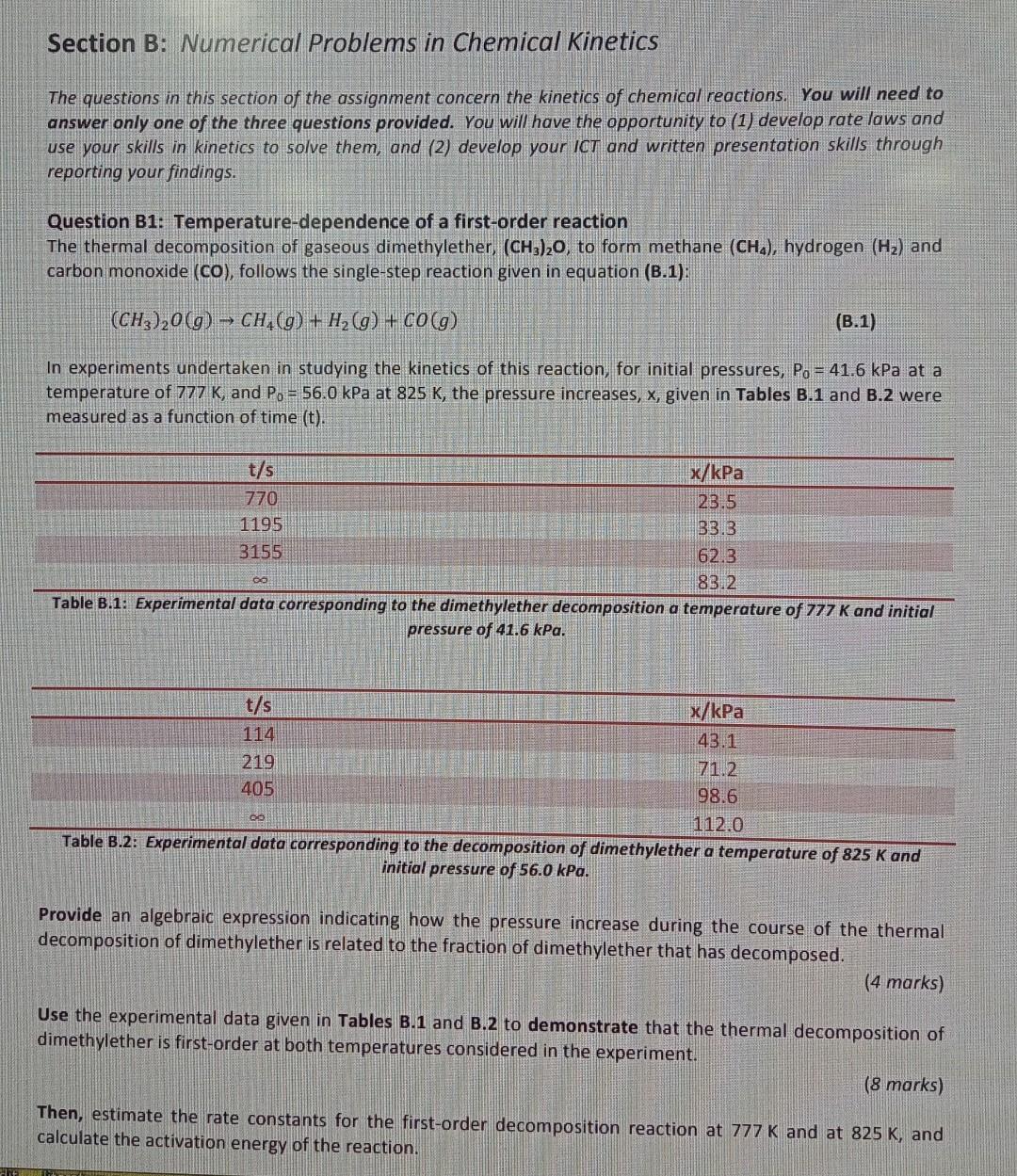 Solved Section B: Numerical Problems in Chemical Kinetics | Chegg.com