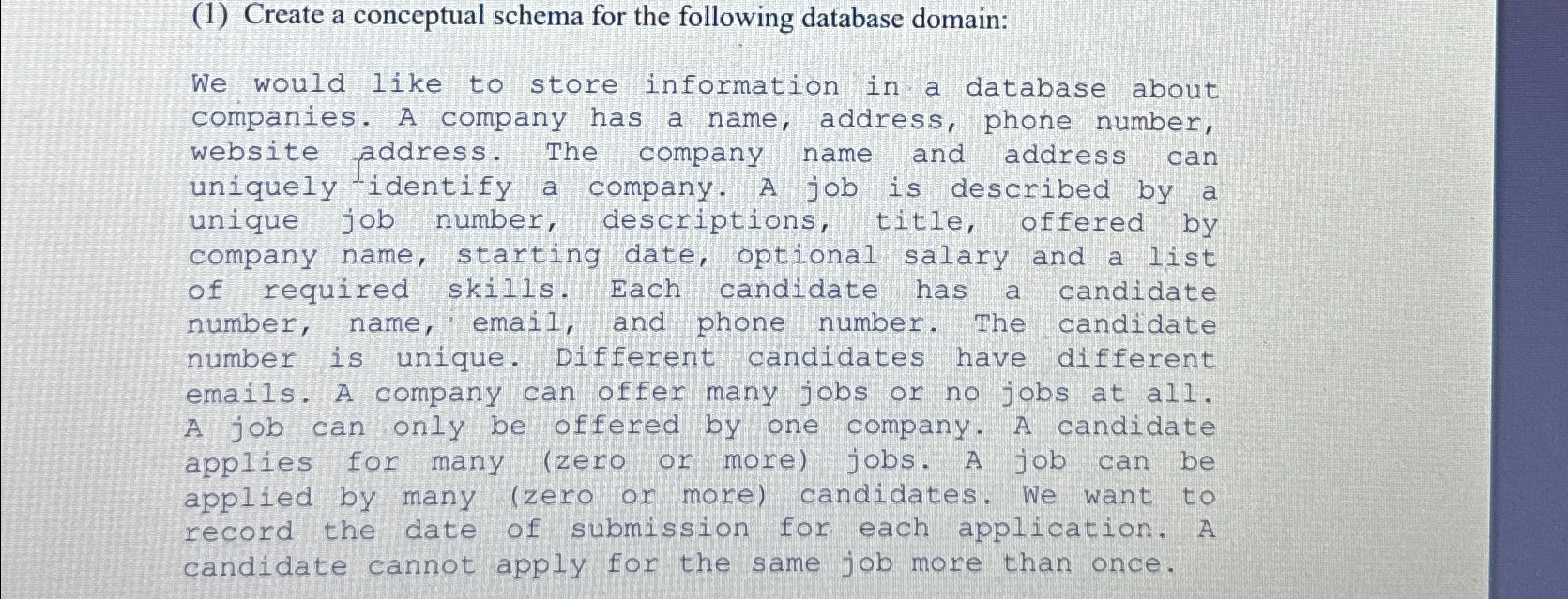 Solved (1) ﻿Create a conceptual schema for the following | Chegg.com