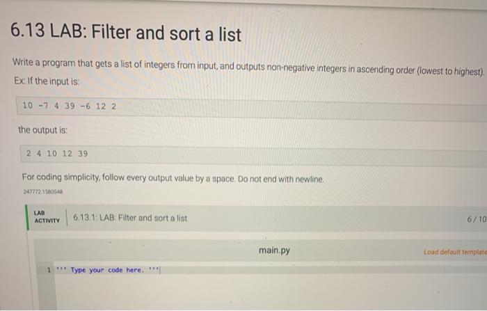 6.13 LAB: Filter And Sort A List Write A Program That | Chegg.com