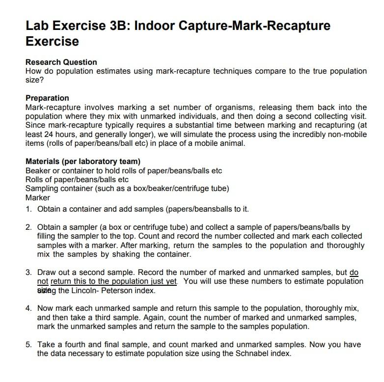 Solved Lab Exercise 3B: Indoor Capture-Mark-Recapture | Chegg.com