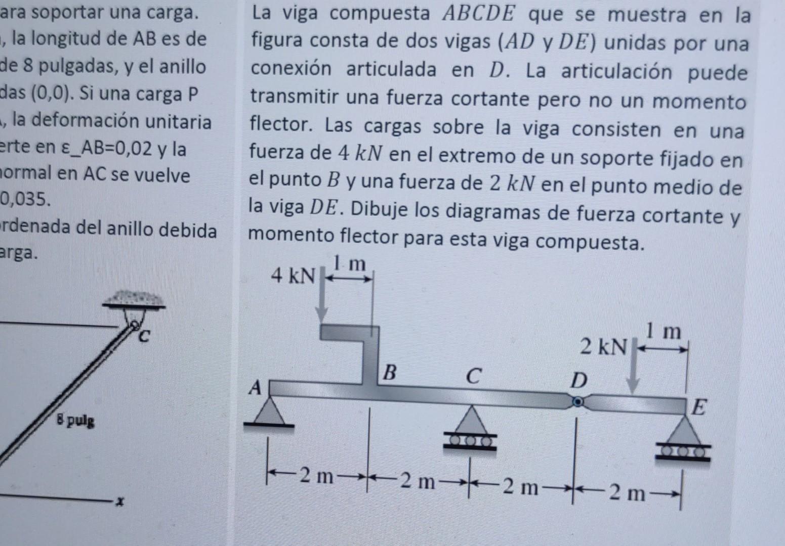 ara soportar una carga. , la longitud de \( \mathrm{AB} \) es de de 8 pulgadas, y el anillo das \( (0,0) \). Si una carga \(