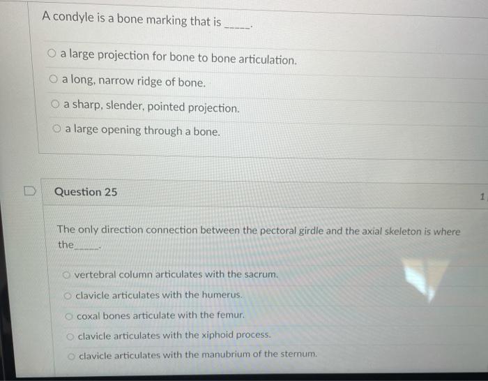 A condyle is a bone marking that is a large projection for bone to bone articulation. a long, narrow ridge of bone. a sharp,