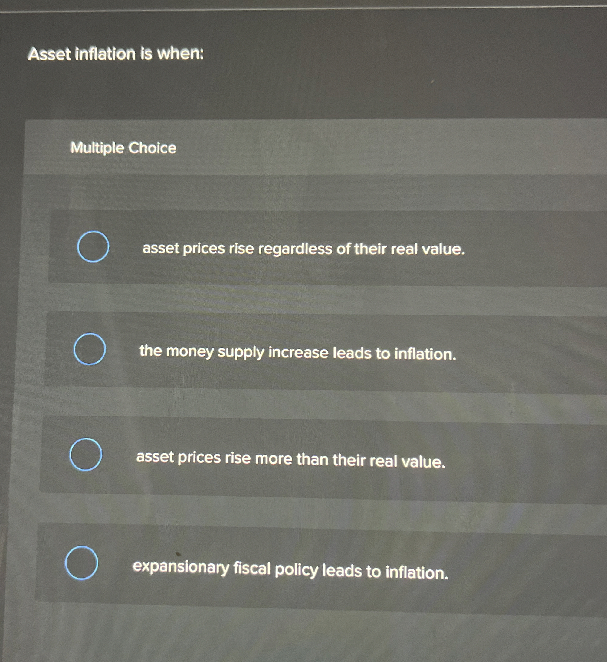 Solved Asset inflation is when:Multiple Choiceasset prices | Chegg.com
