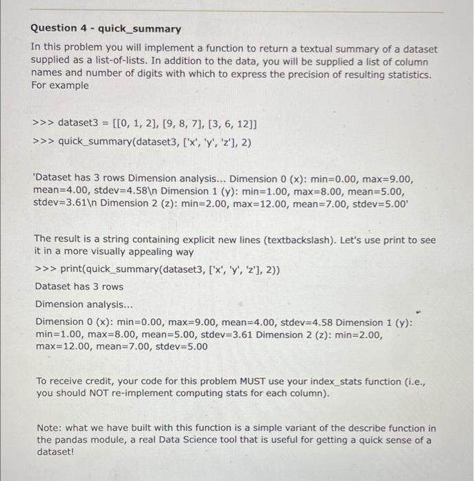 Solved Question 4 - quick_summary In this problem you will | Chegg.com