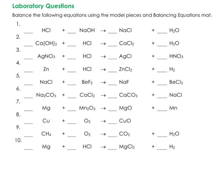 Solved + -> + + + Laboratory Questions Balance the following | Chegg.com