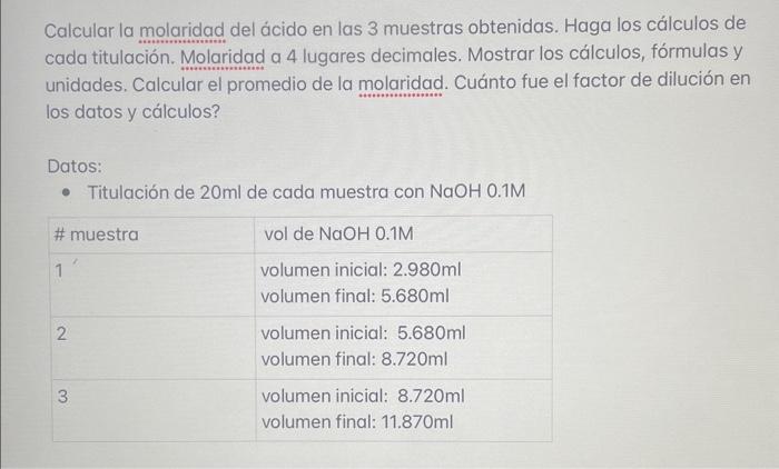 Solved Calculate the molarity of the acid in the 3 samples | Chegg.com