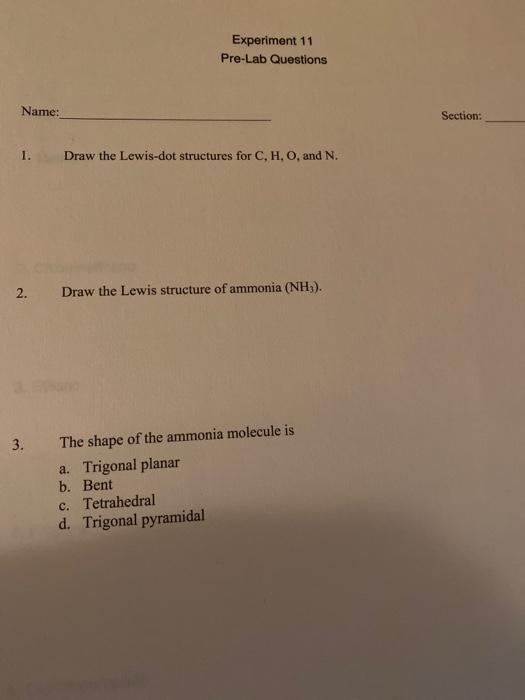 Solved Experiment 11 Pre-Lab Questions Name: Section: Draw | Chegg.com