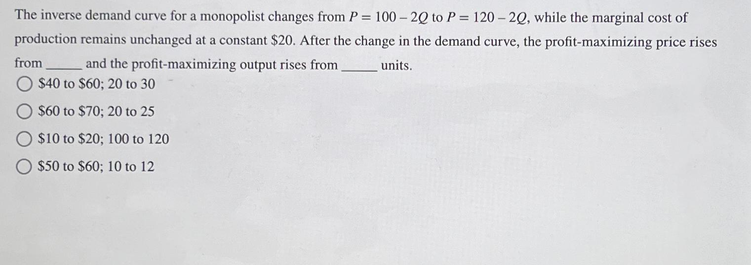 Solved The inverse demand curve for a monopolist changes