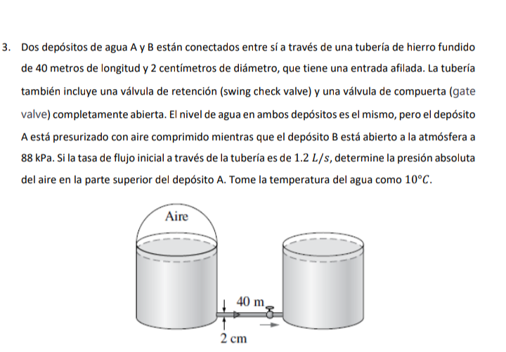 Dos depósitos de agua A y B están conectados entre sí a través de una tubería de hierro fundido de 40 metros de longitud y 2
