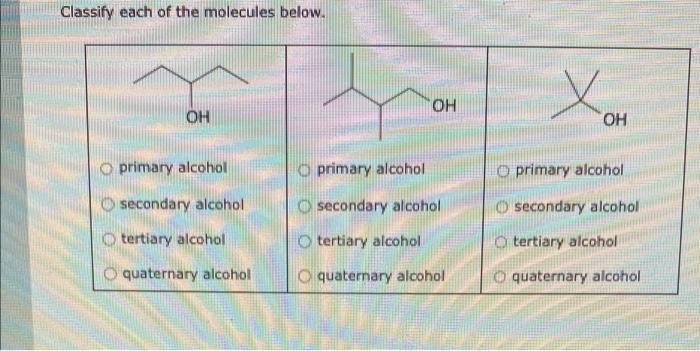 Classify each of the molecules below.
OH
primary alcohol
secondary alcohol
tertiary alcohol
Oquaternary alcohol
OH
primary al