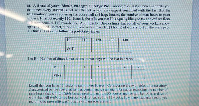 Solved iii. A friend of yours, Bionka, managed a College Pro | Chegg.com