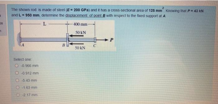 Solved The shown rod is made of steel (E = 200 GPa) and it | Chegg.com