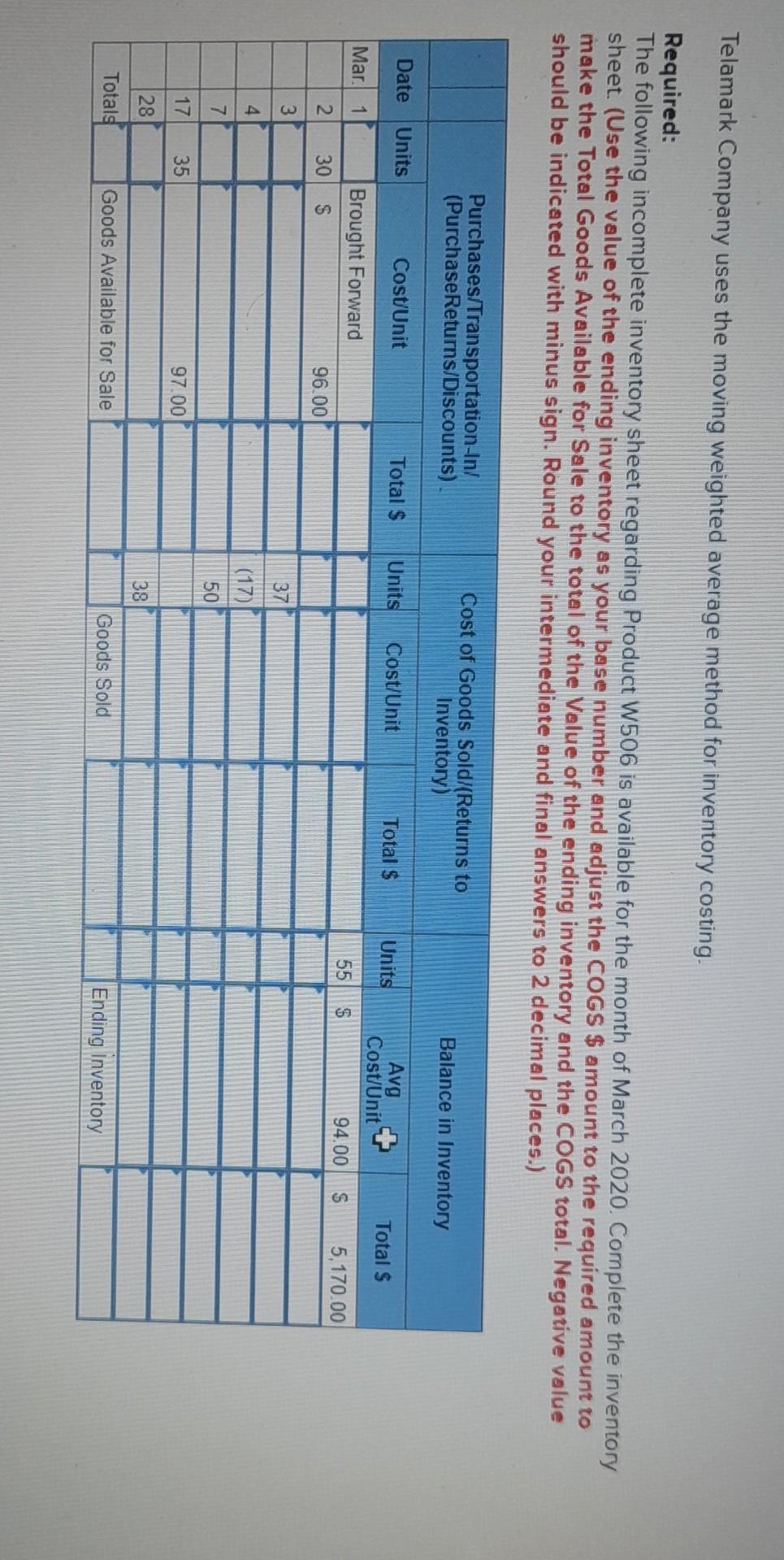 Solved telamark company uses the moving weighted average chegg