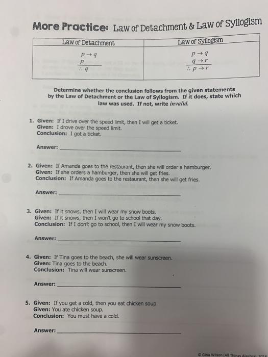 Law Of Detachment And Law Of Syllogism Worksheet