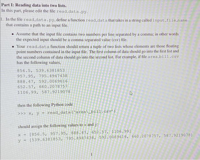 Solved Part I: Reading data into two lists. In this part, | Chegg.com