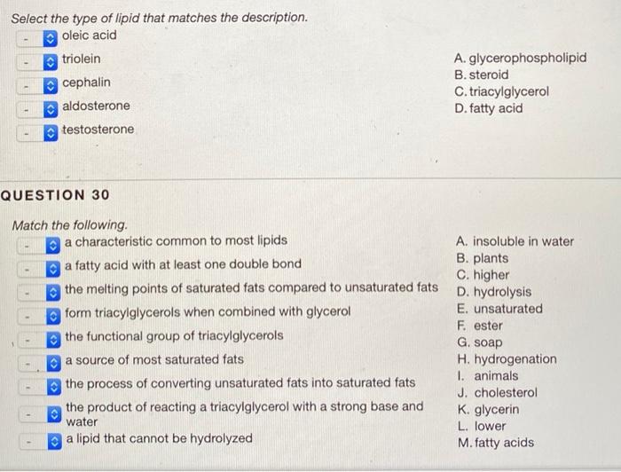 Solved Select the type of lipid that matches the | Chegg.com