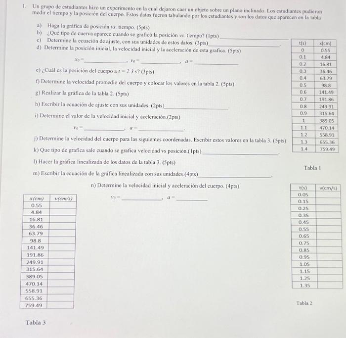 1. Un grupo de estudiantes hizo un experimento en la cual dejaron caer un objeto sobre un plano inclinado. Los estudiantes pu