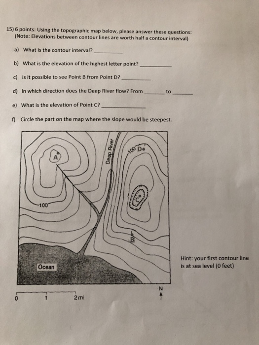 Solved 15) 6 points: Using the topographic map below, please | Chegg.com