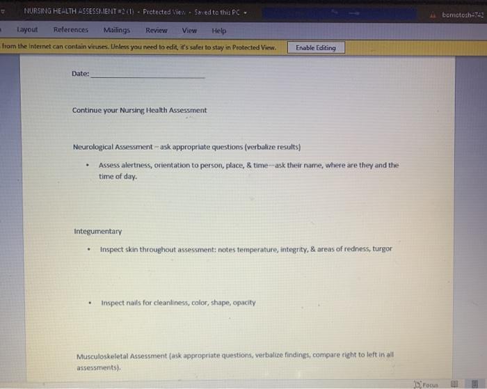 NURSING HEALTH ASSESSHIENTE Protected view. Saved to this PC- Abometosh-743 Layout References Mailings Review View Help from