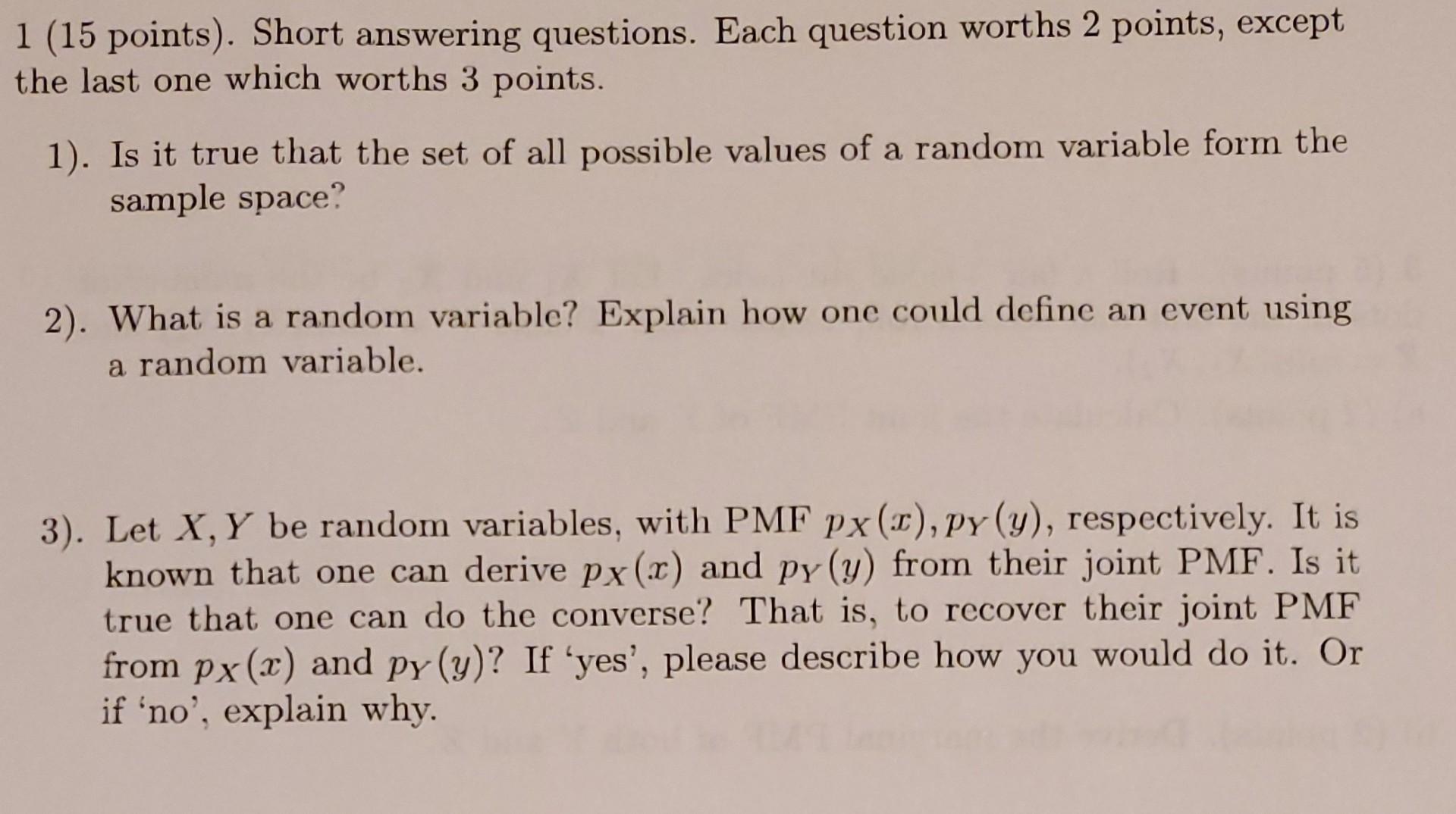 Solved 1 (15 points). Short answering questions. Each | Chegg.com