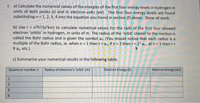 Solved 1. a) Calculate the numerical values of the energies | Chegg.com