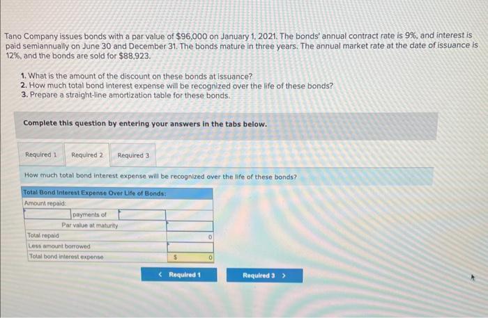 Solved Tano Company issues bonds with a par value of $96,000 | Chegg.com