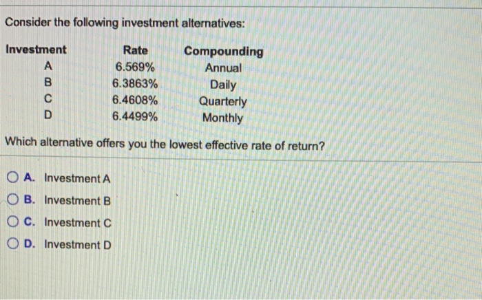 Solved Consider The Following Investment Alternatives: | Chegg.com