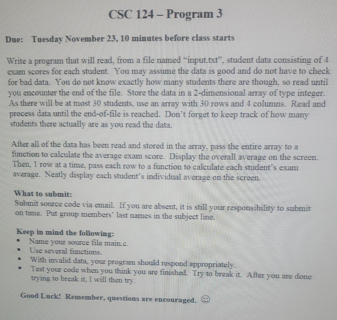 Solved CSC 124 Program 3 Due Tuesday November 23 10 Chegg